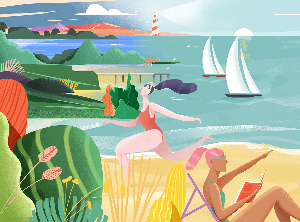海滩插画人物形象设计展示